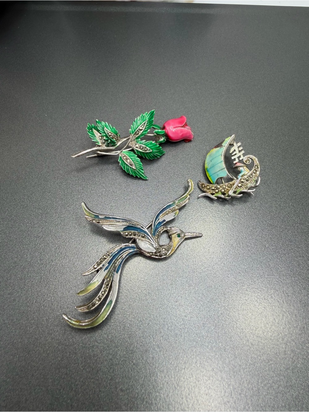 Vintage Enamel  Bird ,Ship and Rose Brooch Set Marcasites #289UB